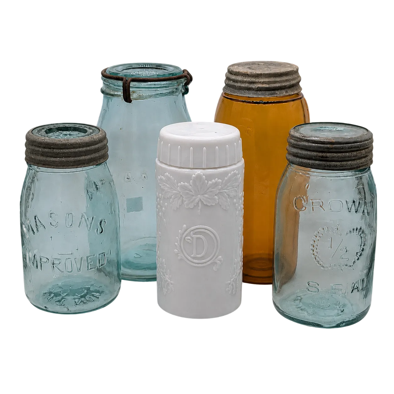 Five Antique Fruit Jars and Canning Jars Arranged in a Group.