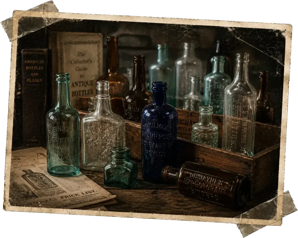 A Group of Miscellaneous Antique Bottles Positioned on a Wooden Table with a Black Background Showcasing Some of the Bottles That Antique Bottlebabe Buys.