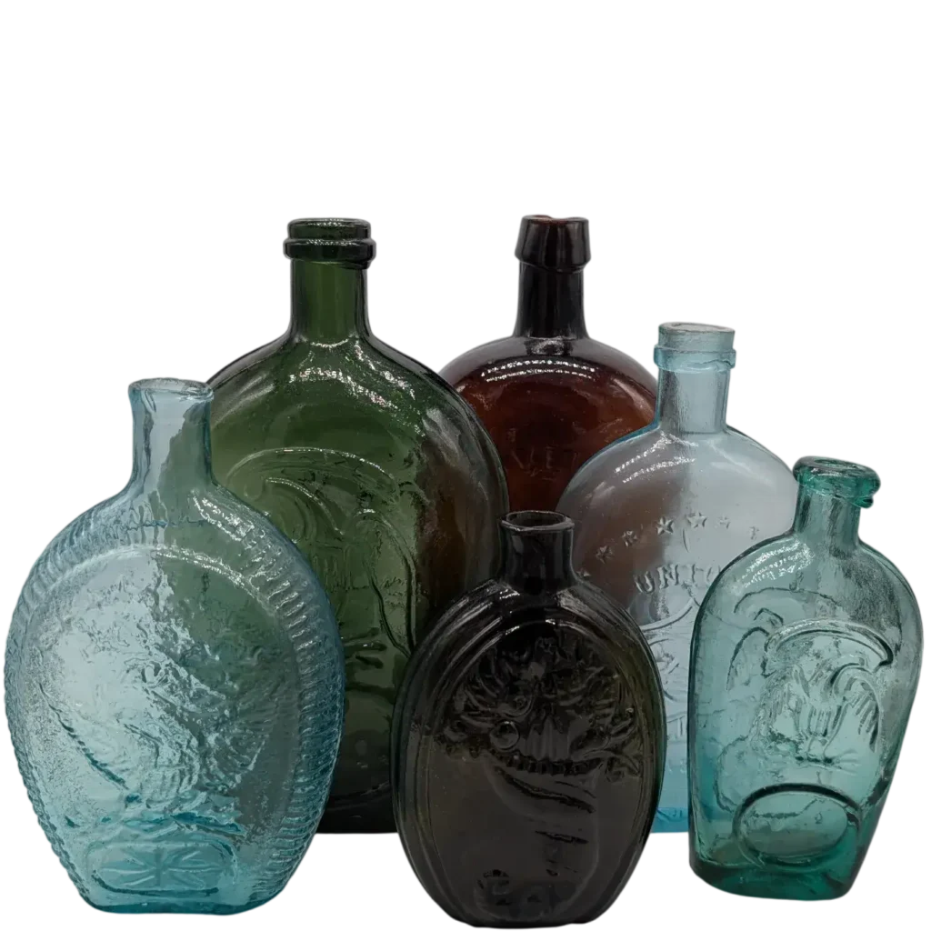 A Group of Six Antique, Historical Flasks Arranged in a Group with the Shortest in Front and the Tallest in the Back.