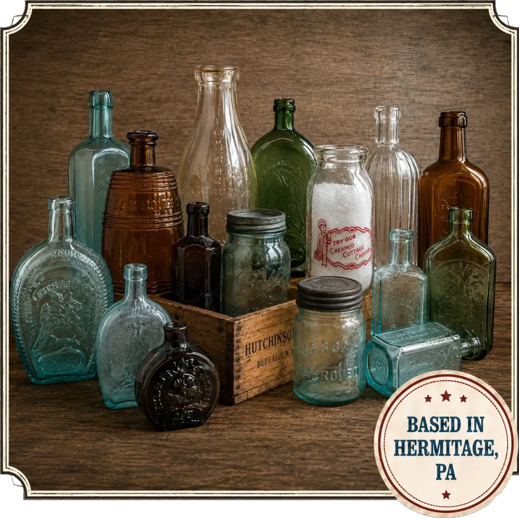 Buyers for Antique Bottles Represented by a Collection of Various Antique Bottles Positioned on a Wooden Table.